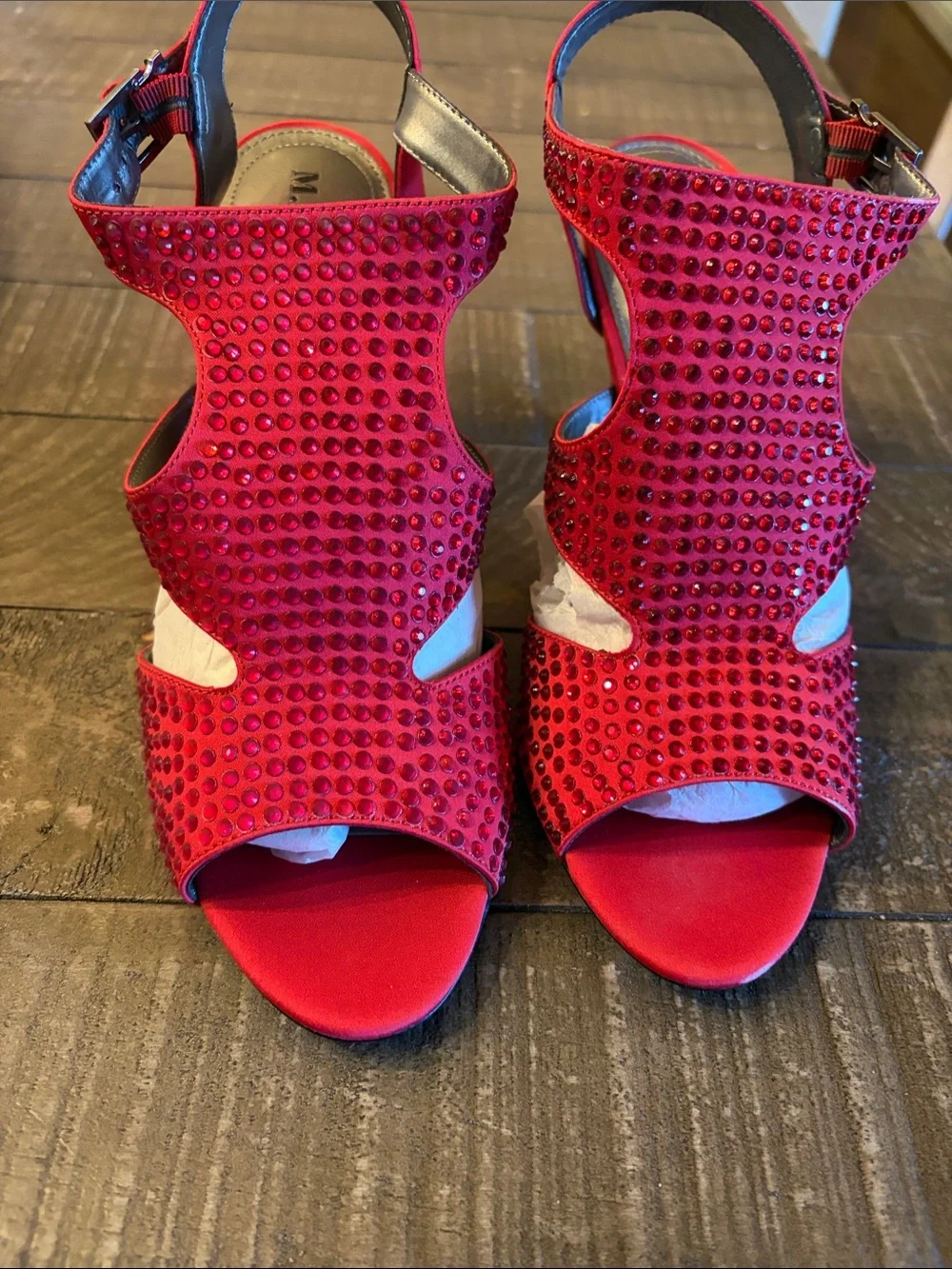 Red Crystal Cutout Open-Toe Heels with Ankle Strap